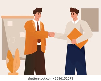 Two business professionals shake hands in an office setting, symbolizing agreement, partnership, and collaboration. One holds a folder, indicating discussion or contract negotiation. This scene repres