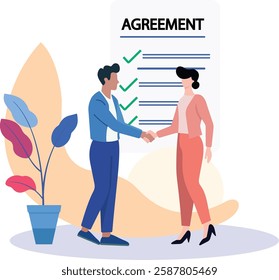 Two business professionals shake hands in front of an agreement document with checkmarks, symbolizing a successful deal or partnership