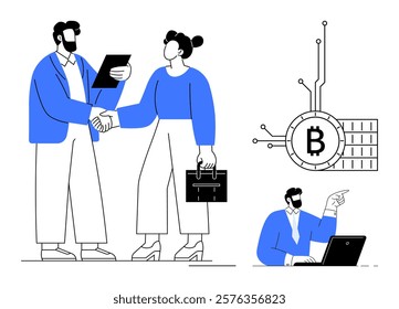 Two business professionals shaking hands symbolizing a partnership. Nearby, an individual is working on a laptop pointing towards a Bitcoin symbol. Ideal for cryptocurrency, business deals