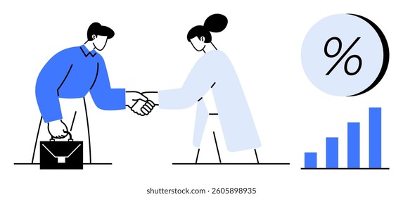 Two business professionals shaking hands, male holding briefcase, next to a bar graph and percent symbol. Ideal for business deals, partnerships, financial success, growth, investment, corporate