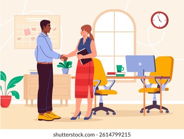 Two business professionals shaking hands in a modern office environment with desks, chairs, and a calendar in the background. Vector illustration