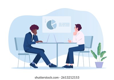 Two business professionals sitting at a table with laptops, analyzing pie chart data on a screen, flat style on a light blue background. Concept of teamwork. Vector illustration