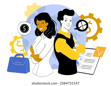 Two business professionals stand back-to-back with financial and productivity icons in the background, symbolizing teamwork and business success