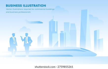 Two business professionals stand confidently near a sleek train. Cityscape looms softly in the background, hinting at growth. Skyline fades gently, blending with morning light
