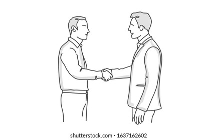 Two business shaking hands during meeting. Line drawing vector illustration.
