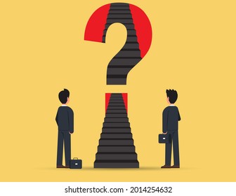 Zwei Unternehmen mit Fragezeichen diskutierten den zukünftigen Strategieweg. Geschäftsstrategie-Konzept