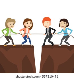 Dos equipos de negocios tirando de la cuerda al acantilado. Competencia entre dos equipos de empresarios. Trabajo en equipo y competencia en el concepto de negocio. Ilustración de diseño plana vectorial aislada en fondo blanco.