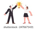Two business winners together won trophy for professional achievements and successful teamwork. Office employees who demonstrated teamwork celebrate victory in corporate competitions