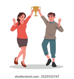 Two business winners together won trophy for professional achievements and successful teamwork. Office employees who demonstrated teamwork celebrat. Flat vector cartoon illustration isolated on white.