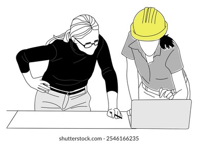 Two business woman, architect engineers sketch art