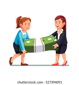 Two business woman carrying huge and heavy money bundle. Businesswoman walking with dollar banknotes cash pack. Flat style vector illustration isolated on white background.