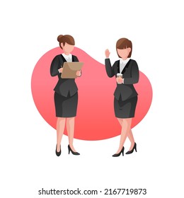 Two business woman character talk while hold a coffee cup in flat design style. Dressed in Tuxedo. Vector illustration.