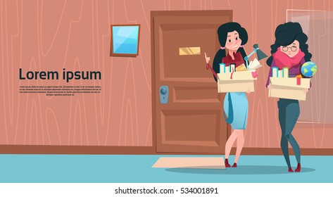 Two Business Woman Hold Box With Office Stuff Recruitment New Job Position Vacancy Flat Vector Illustration