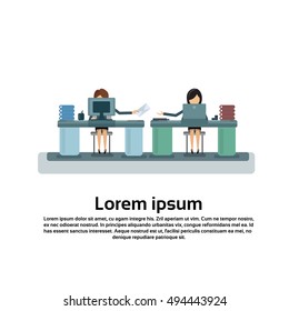 Two Business Woman Sitting at Desk in Office Working Computer Flat Vector Illustration