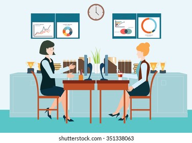 Two business woman sitting at the table and working on the computer in the office , office desk, business conceptual vector illustration.