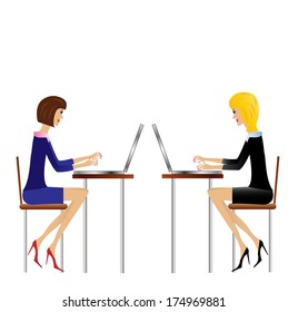 two  business woman work in office, vector illustration