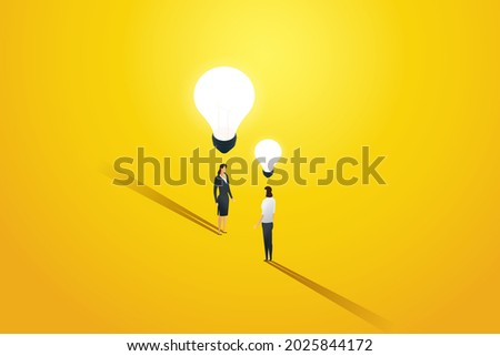 Two business women with different creative ideas in business, career development and thought inequality. Vector illustration.
