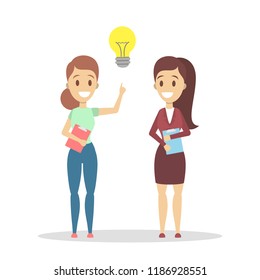 Two business women have an idea. Creativity and innovation. Light bulb as a metaphor of idea or solution. Isolated flat vector illustration