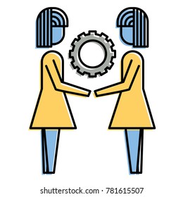 two business women holding gear teamwork concept