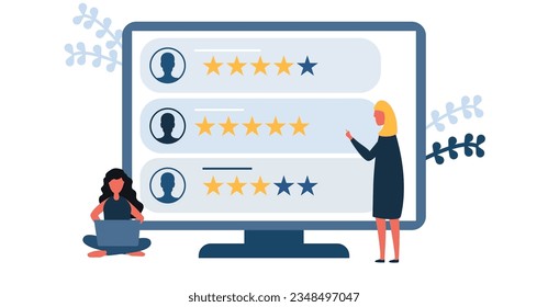 two business women HR and headhunter service abstract concept Online Survey and Rating Icons. Characters Filling Survey Form business women manager searching new employee.