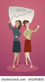 Two business women proud of their success. Cartoon retro style 50's and 60's