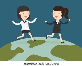 two business women running together on globe