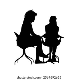 Two business women are sitting in chairs and having a meeting.