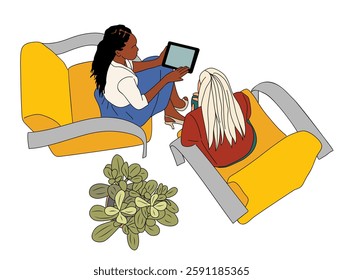 Two business women sitting in yellow chairs, one of them using a tablet. Top view Scene of casual meeting in lounge zone of modern office. Hand drawn vector illustration isolated