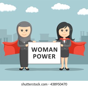 two business women super holding a woman super board