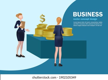 Two business women were discussing business, with gold coins in front of them'vector business concept design