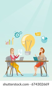Two business women working on a new business idea. Business women thinking about new creative idea. Businesswoman sharing ideas. Business idea concept. Vector flat design illustration. Vertical layout