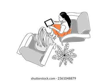 Two business women working together top view scene. Black and blonde girls sitting in the armchairs in lounge zone, meeting, discussing. Vector simple outline illustration Isolated, white background.