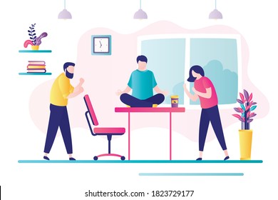 Two business workers are in conflict. Professional stress management at work. Conflict situation in office between employees. Businessman relaxes on workplace. Trendy flat vector illustration