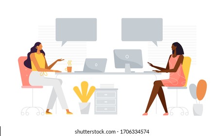 Two business young women work together. Speech bubbles, place for your text. Modern and comfortable office with window and plants. Remote work, freelance. Vector illustration,  flat design