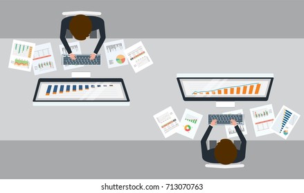 two businessman  analytics  investment and finance graph report  on monitor concept and business team working concept