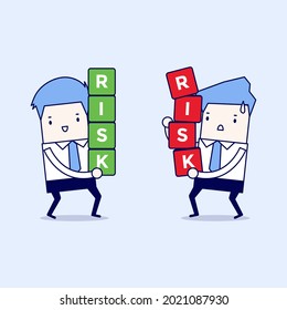 Two businessman carrying risk blocks. Risk management. Cartoon character thin line style vector.