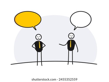 Two businessman character persons talking with happy face smile and speech bubbles. Vector illustration. Communication, speaking, conversation