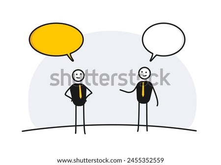 Two businessman character persons talking with happy face smile and speech bubbles. Vector illustration. Communication, speaking, conversation