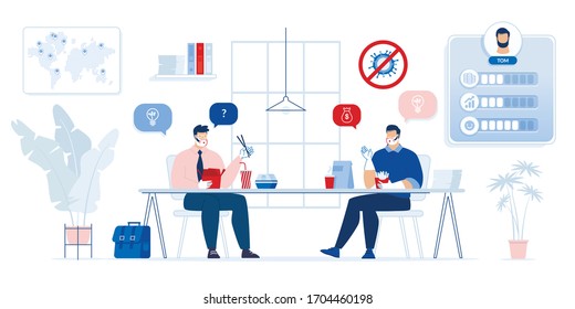 Two Businessman Character in Protective Face Mask, Glove Counting Profit Discussing Money Income, Sharing Idea Eating Fast Food during Lunch Break in Office. Covid19 Outbreak Observation Condition