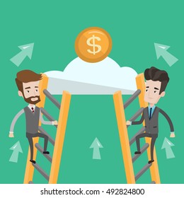 Two businessman climbing the ladder on the cloud to get golden coin. Businessmen climbing to success. Concept of motivation and competition in business. Vector flat design illustration. Square layout.