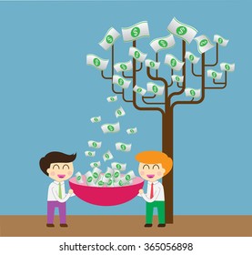 Two businessman collect money dollar by tree. interest and dividend concept. idea business.