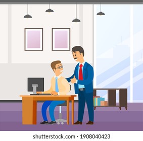 Two businessman communicates. Good deal, concept of business partnership vector cartoon style characters conclude success agreement. Man chief praises a young smiling subordinate holding his shoulder