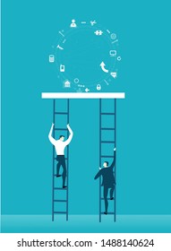 Two businessman competing agains of each other on the professional leader. Getting on top of career. Job, salary, professional opportunity concept.  Flat style illustration.