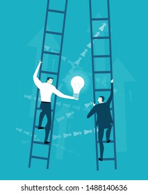 Two businessman competing agains of each other on the professional leader. Getting on top of career. Job, salary, professional opportunity concept.  Flat style illustration.