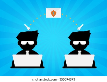 Two businessman with computer laptop send email data with protection shield and key decryption on blue sun ray in background. Flat design of cyber security technology concept design. 