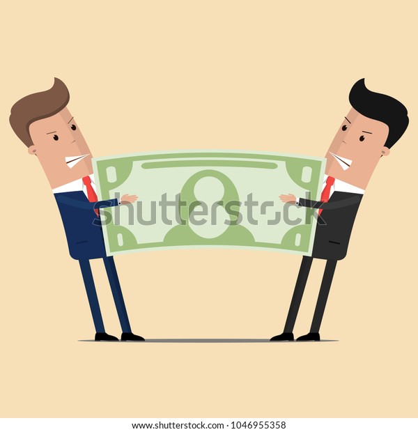 Two\
businessman conflict share profit, tearing money in half.Torn\
dollar banknote in hands. Vector\
Illustration