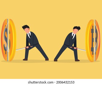 Two businessman cut the gold coin with a sword. Lose money investment in financial crisis