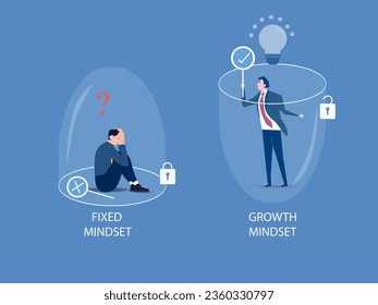 Two businessman different thinking between Fixed Mindset vs Growth Mindset success concept.  vector illustration.
