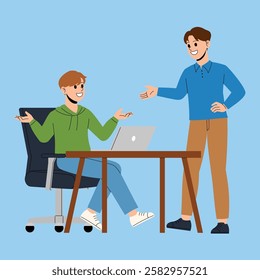 two businessman discuss at desk while using laptop illustration