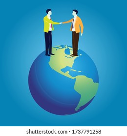 Two businessman doing hand shake on top of earth, symbolizing of global business cooperation